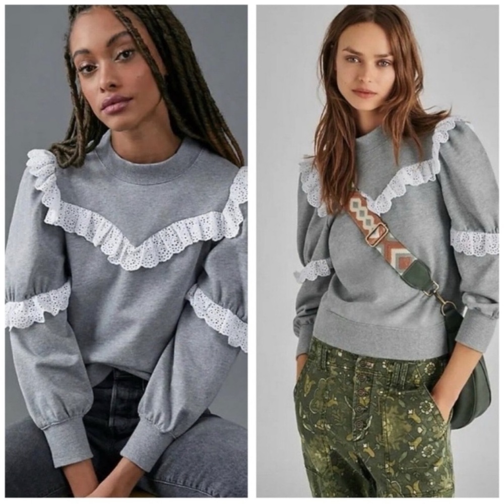 Anthropologie Sweater Gray w/ Eyelet Lace Cottagecore